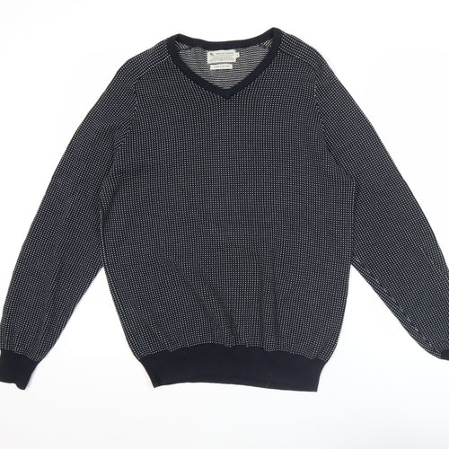 Tu Mens Blue Cotton V-Neck Geometric Knit Jumper Size S