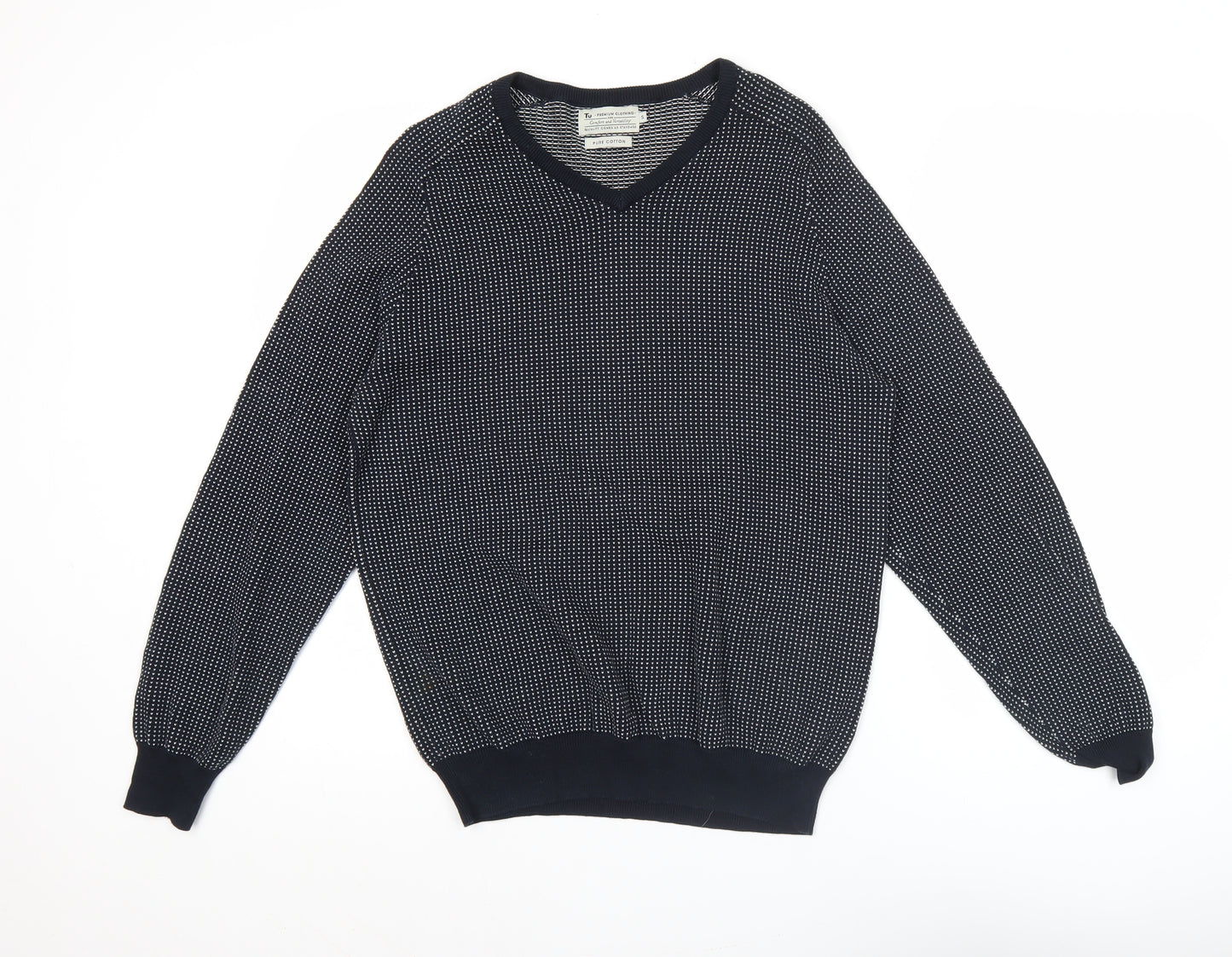 Tu Mens Blue Cotton V-Neck Geometric Knit Jumper Size S