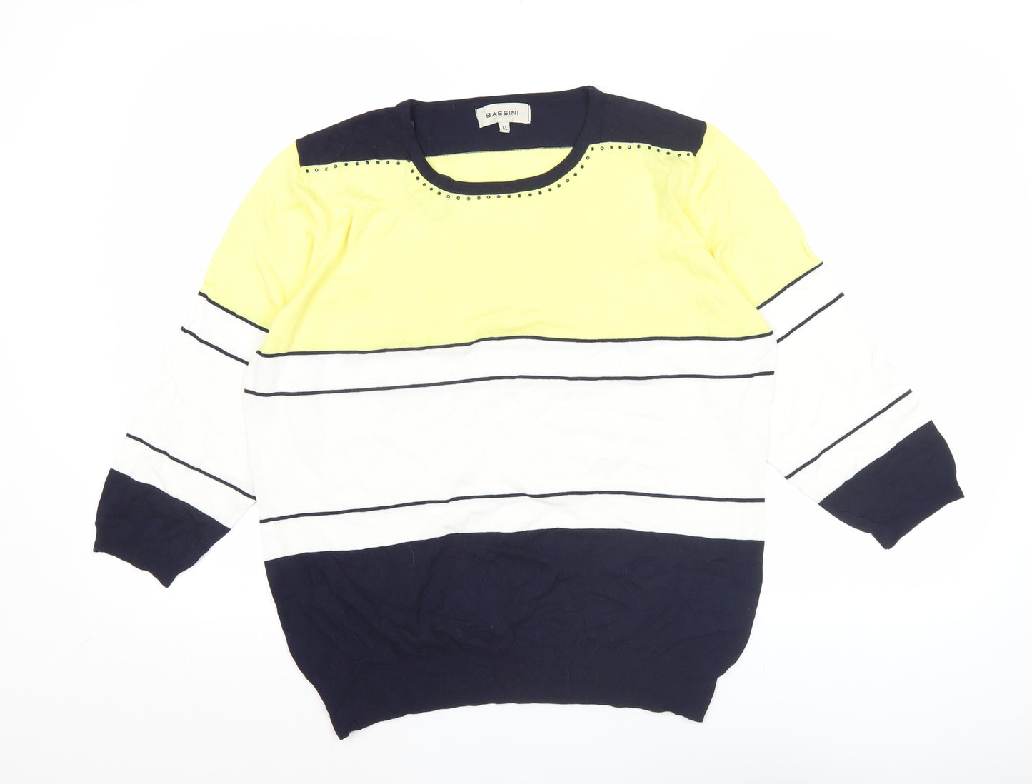 Bassini Women's XL Yellow Blue Striped Pullover Jumper