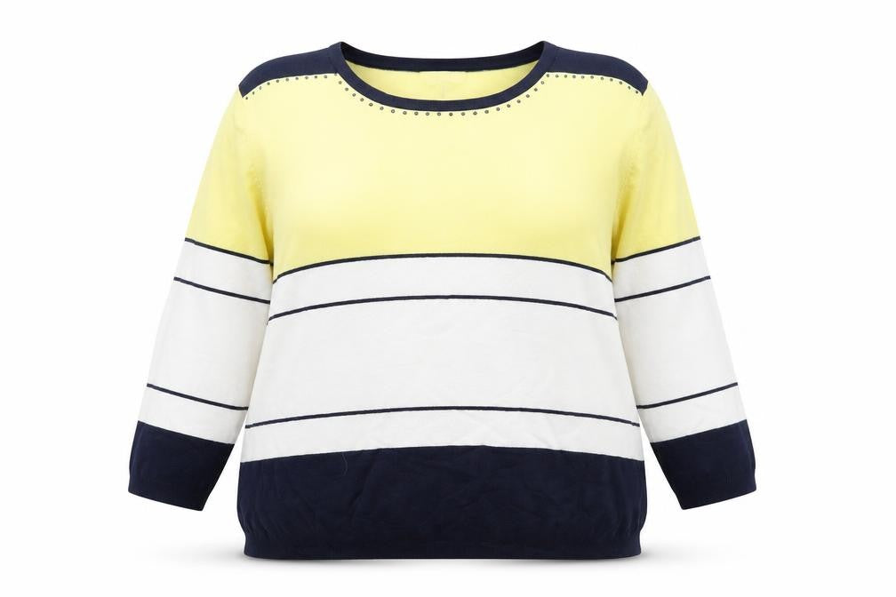 Front view of Bassini Women's XL Yellow Blue Striped jumper