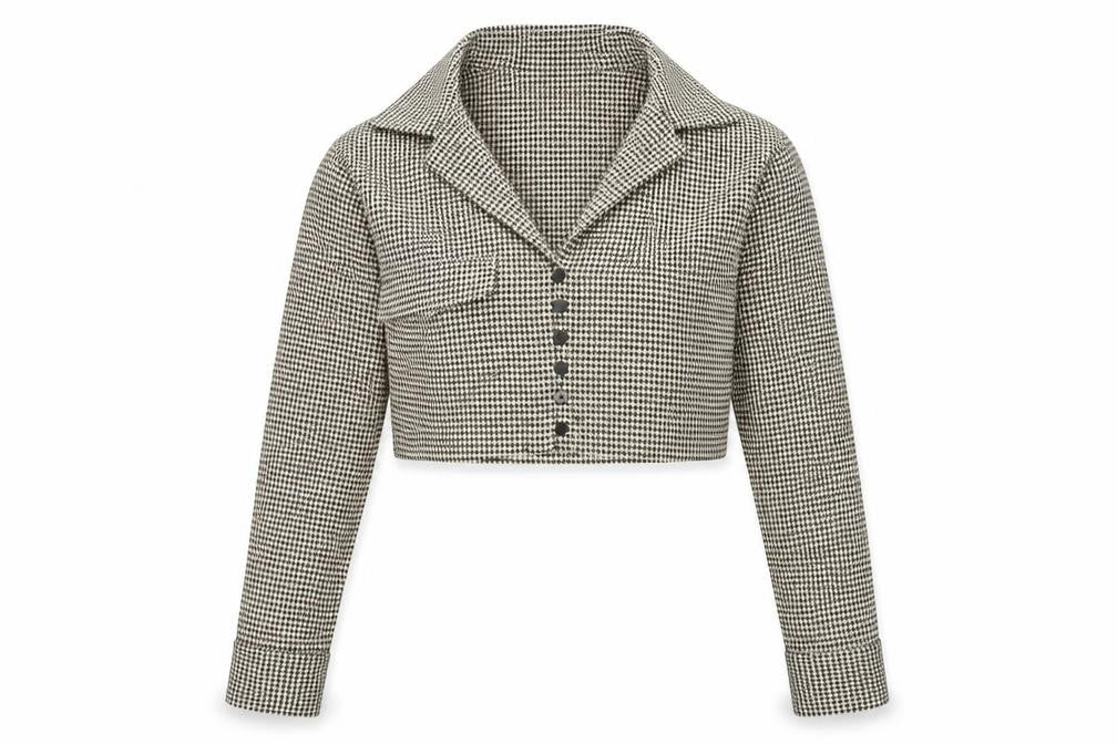 Front view of Zara Women’s Black Houndstooth Cropped Button-Up Shirt, size S