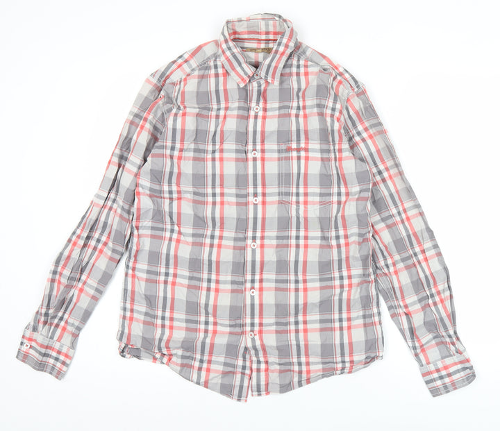 Wrangler Mens Red Grey Plaid Cotton Long Sleeve Button-Up Shirt M