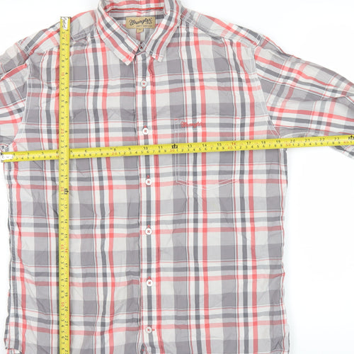 Wrangler Mens Red Grey Plaid Cotton Long Sleeve Button-Up Shirt M