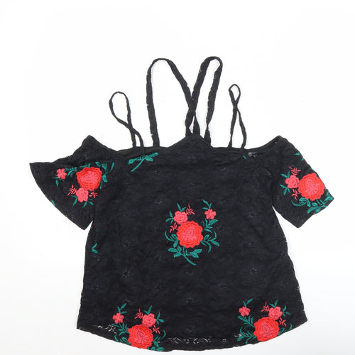 River Island Women’s Black Floral Lace Cold Shoulder Blouse Size 10