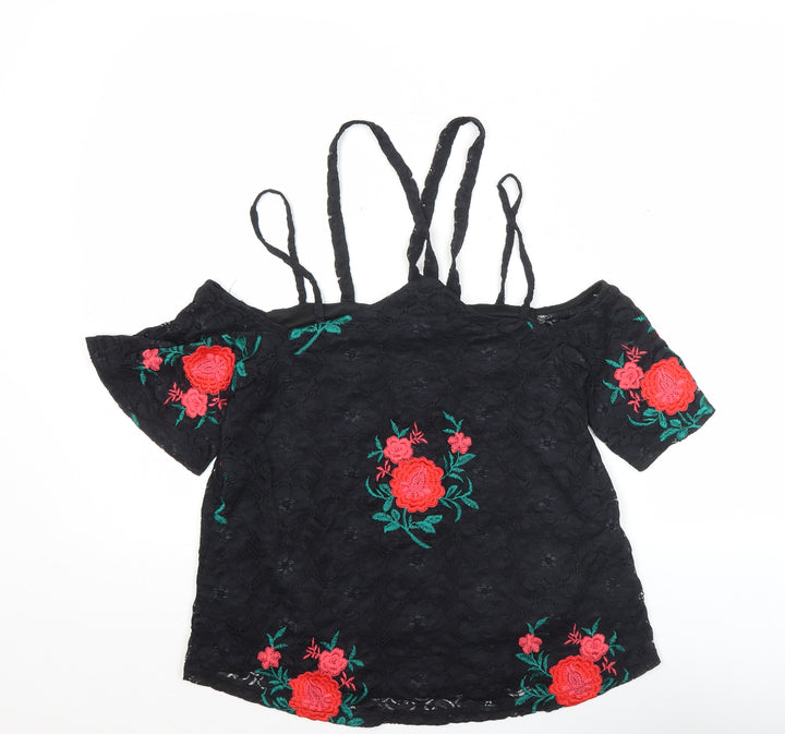 River Island Women’s Black Floral Lace Cold Shoulder Blouse Size 10