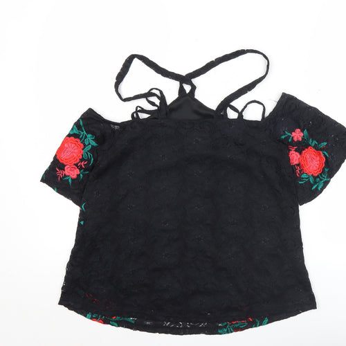 River Island Women’s Black Floral Lace Cold Shoulder Blouse Size 10