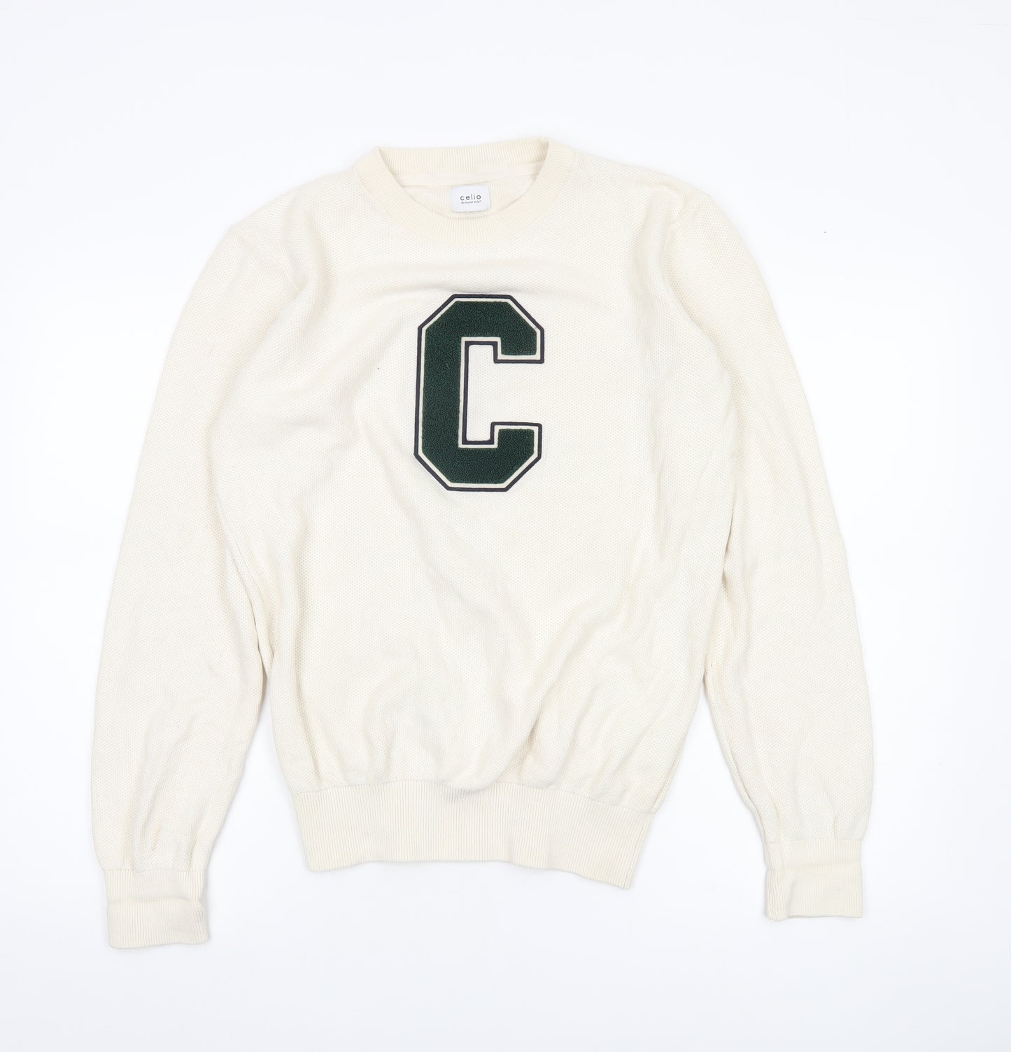 Celio Unisex Ivory Cotton Pullover Sweatshirt M Logo College Style