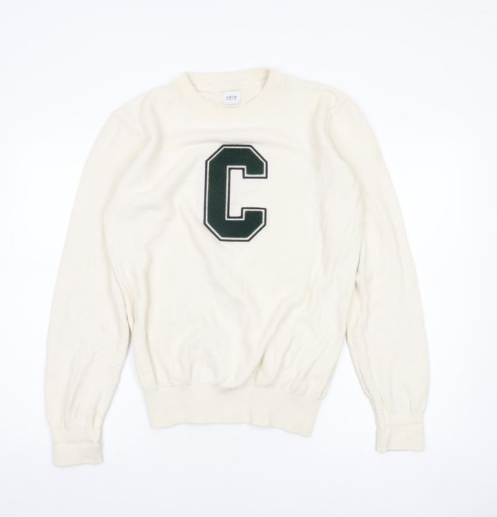 Celio Unisex Ivory Cotton Pullover Sweatshirt M Logo College Style
