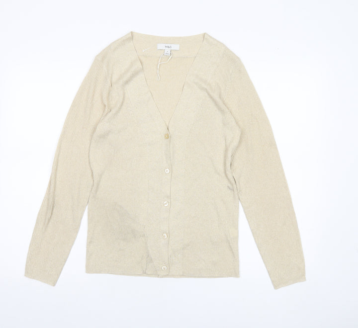 Marks and Spencer Women’s Beige M Cardigan V-Neck Knit Glitter