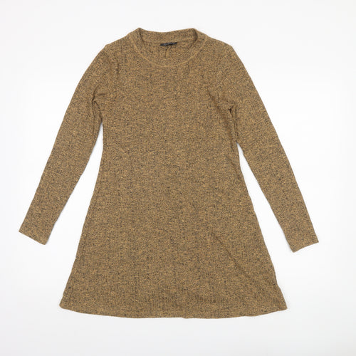 Topshop Women Brown Knit A-Line Dress Size 6 Long Sleeve Crew Neck