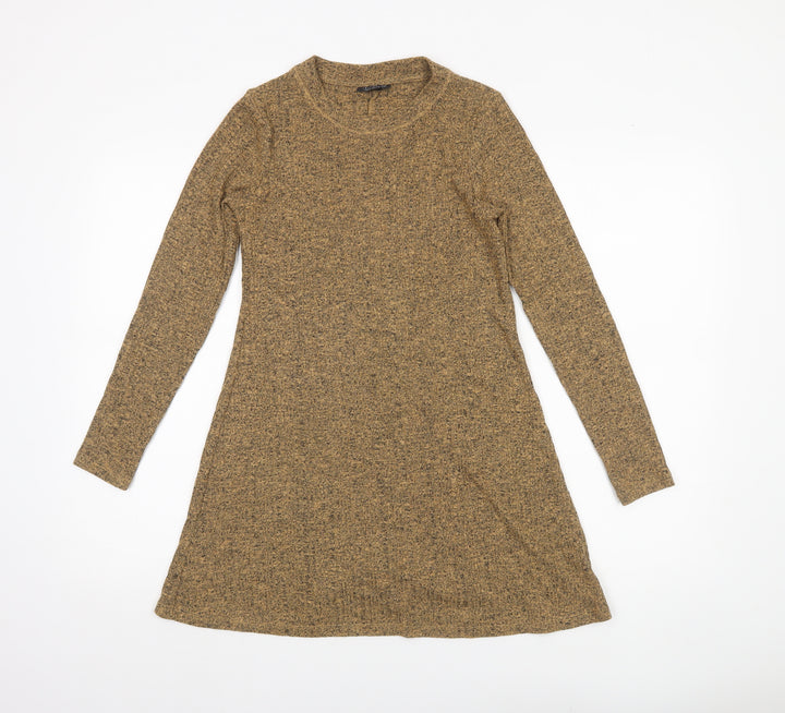 Topshop Women Brown Knit A-Line Dress Size 6 Long Sleeve Crew Neck
