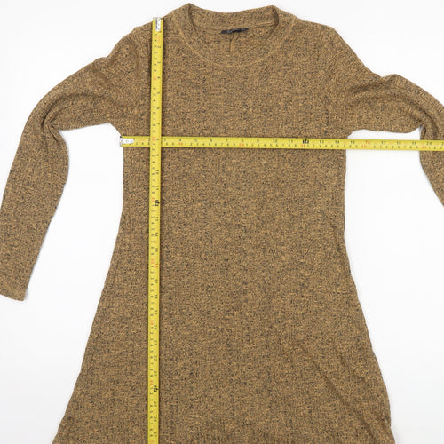 Topshop Women Brown Knit A-Line Dress Size 6 Long Sleeve Crew Neck