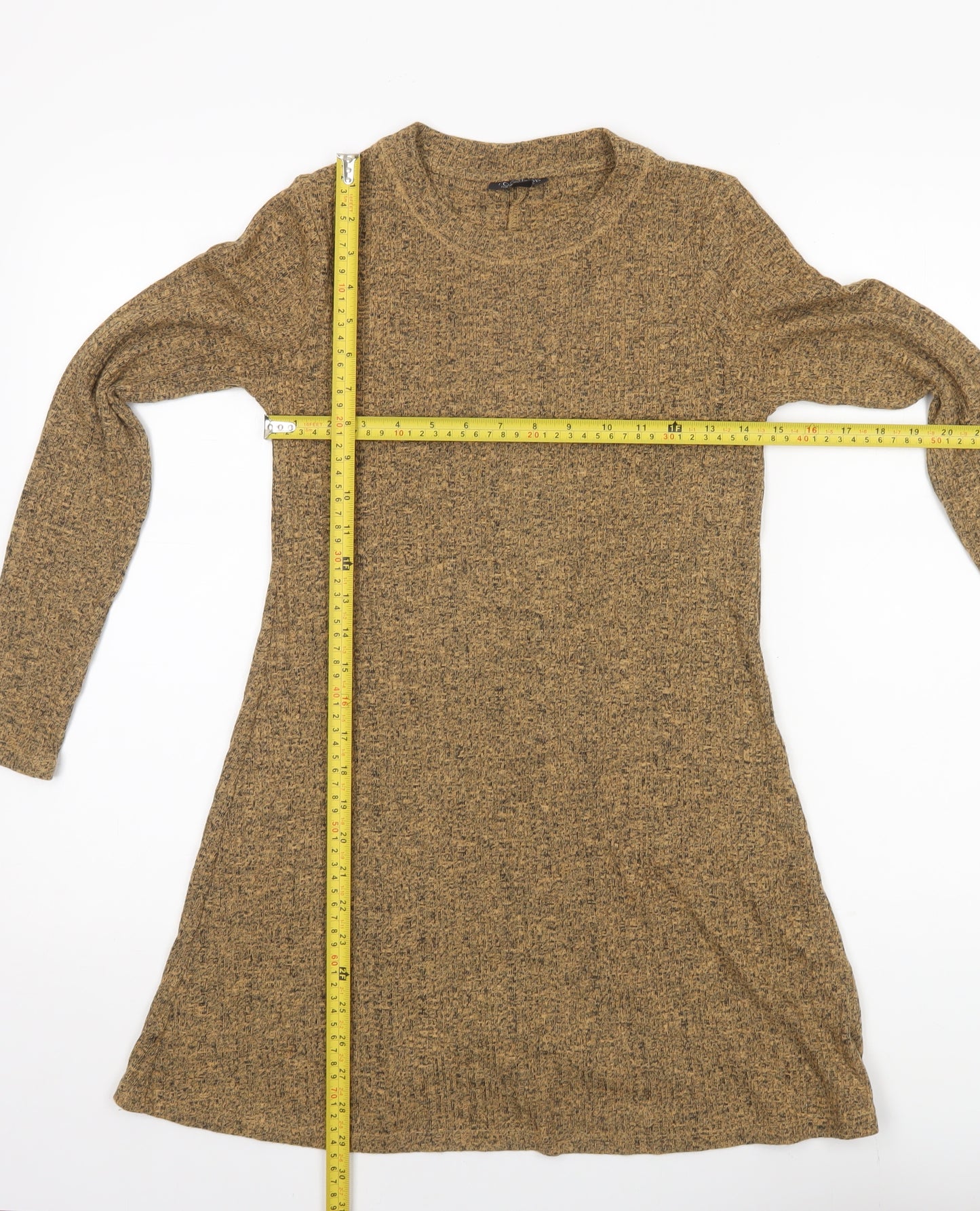 Topshop Women Brown Knit A-Line Dress Size 6 Long Sleeve Crew Neck