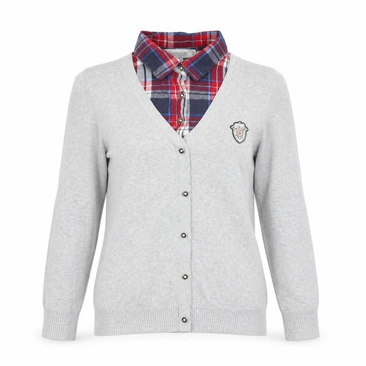 Front view of CHAO YI LIN women’s grey cardigan, size UK 12, v-neck preppy logo knit