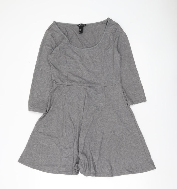 H&M Women Grey Skater Dress Size 12 Scoop Neck 3/4 Sleeve Casual