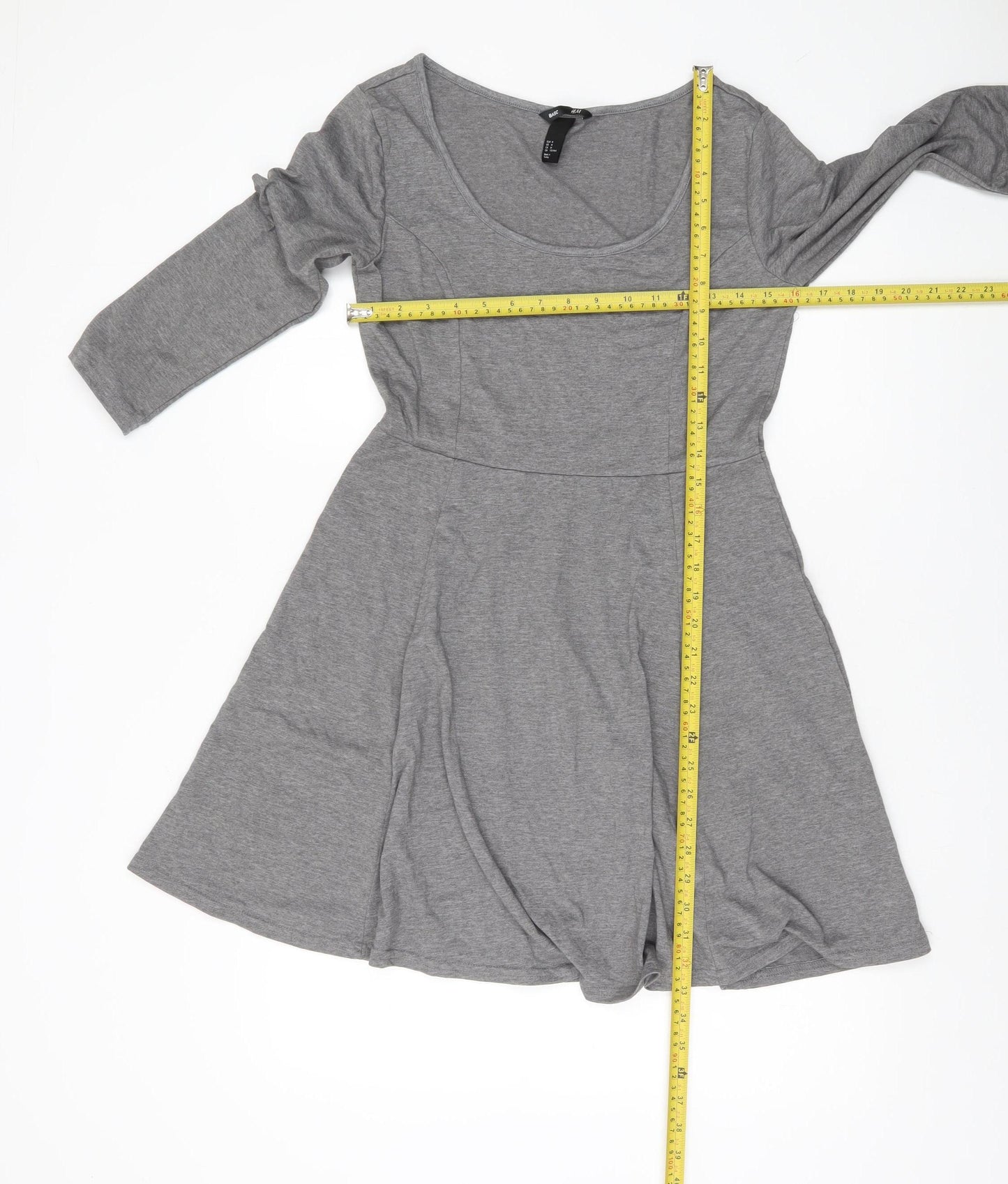 H&M Women Grey Skater Dress Size 12 Scoop Neck 3/4 Sleeve Casual