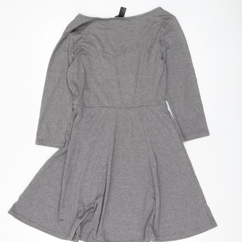 H&M Women Grey Skater Dress Size 12 Scoop Neck 3/4 Sleeve Casual