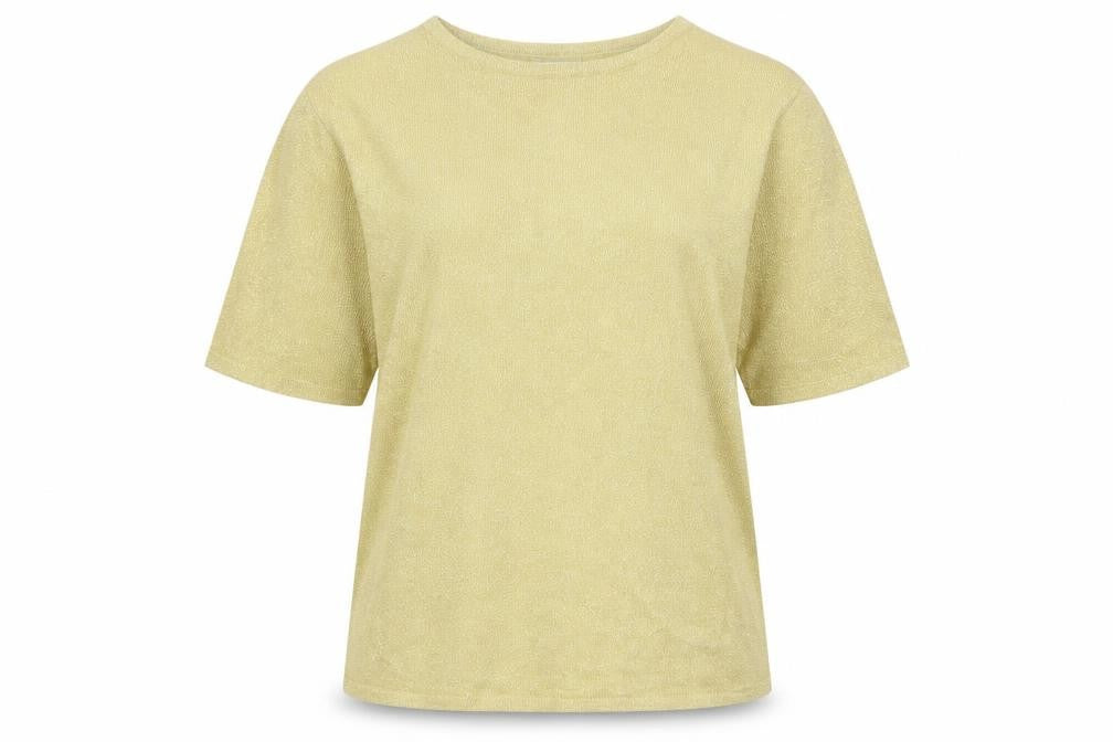 Front view of Yarnworks women’s gold glitter knit jumper, size S