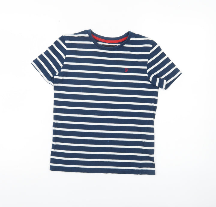 Farah Jeans Boys Blue Striped Cotton T-Shirt 10-11 Years Casual Crew Neck