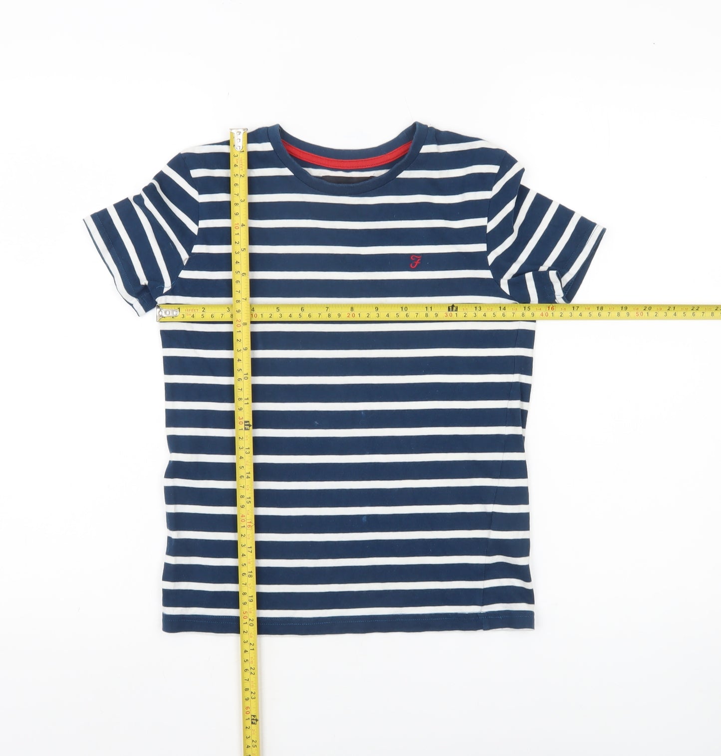 Farah Jeans Boys Blue Striped Cotton T-Shirt 10-11 Years Casual Crew Neck