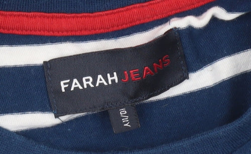 Farah Jeans Boys Blue Striped Cotton T-Shirt 10-11 Years Casual Crew Neck