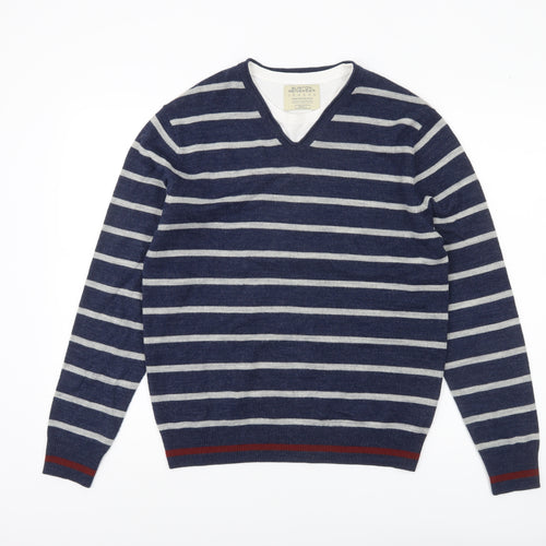 Burton Menswear Men Blue Striped V-Neck Pullover Jumper Size S