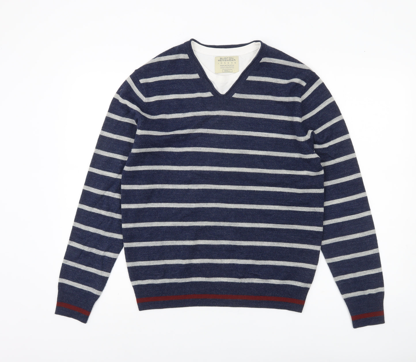 Burton Menswear Men Blue Striped V-Neck Pullover Jumper Size S