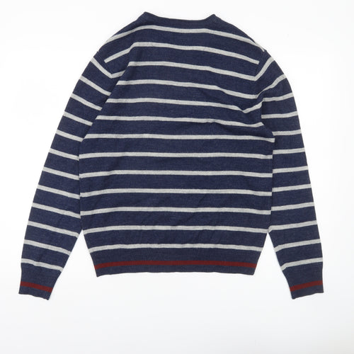 Burton Menswear Men Blue Striped V-Neck Pullover Jumper Size S