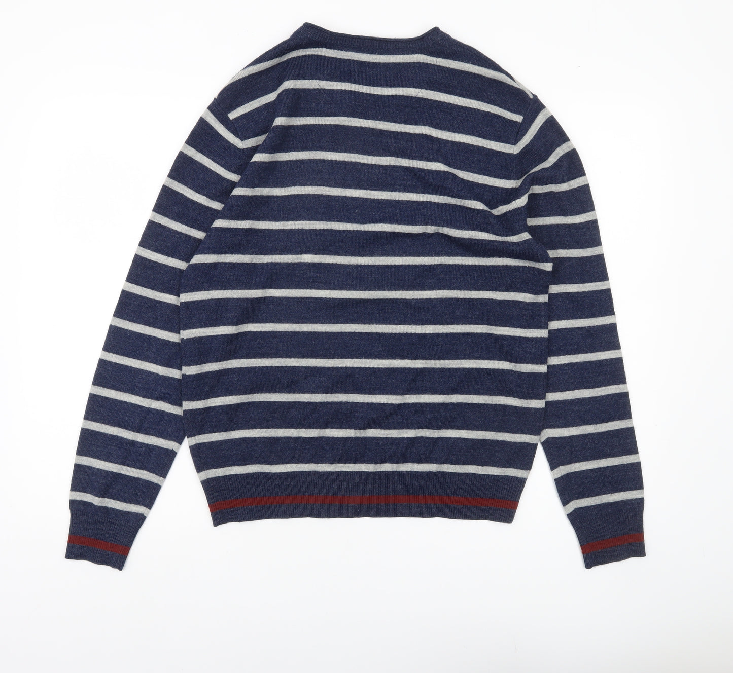 Burton Menswear Men Blue Striped V-Neck Pullover Jumper Size S