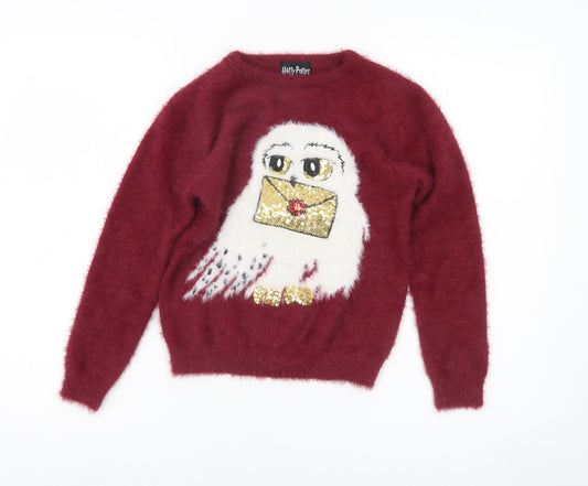 Harry Potter Girls Red Hedwig Owl Sequin Pullover Jumper 10-11 Years