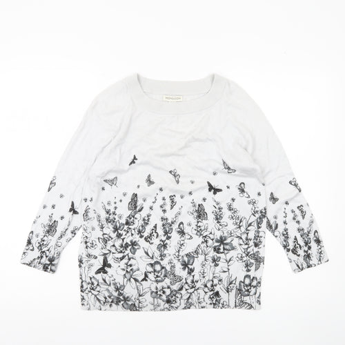Monsoon Womens White Floral Butterfly Jumper Size 14 Crew Neck 3/4 Sleeve