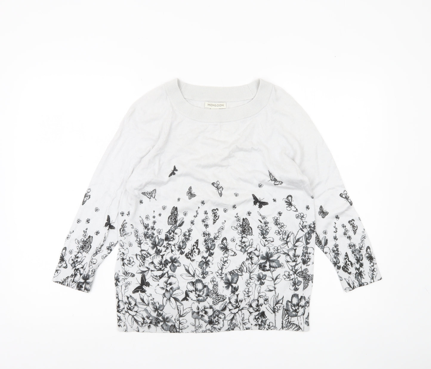 Monsoon Womens White Floral Butterfly Jumper Size 14 Crew Neck 3/4 Sleeve