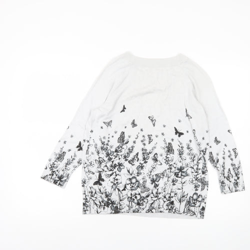 Monsoon Womens White Floral Butterfly Jumper Size 14 Crew Neck 3/4 Sleeve