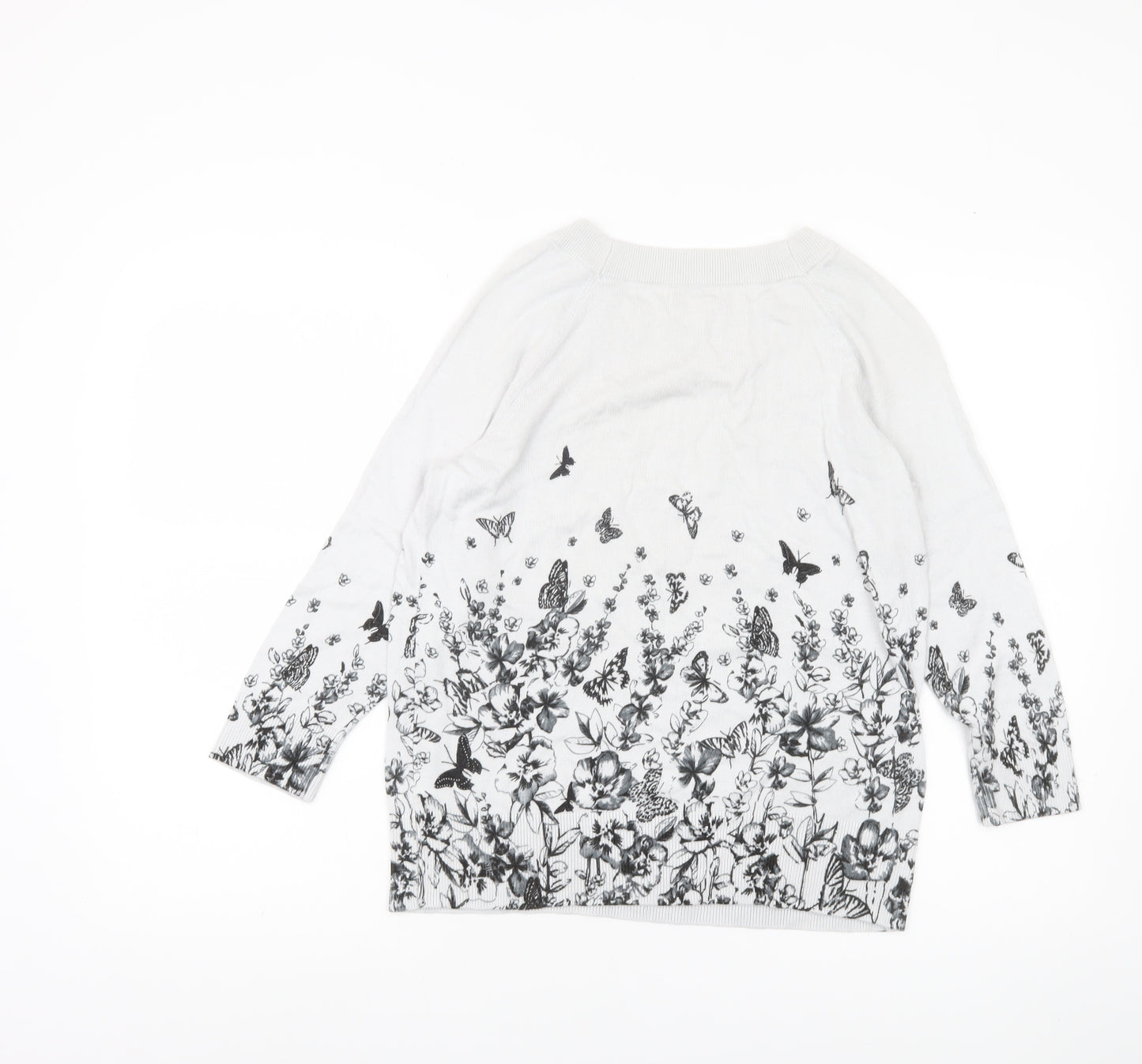 Monsoon Womens White Floral Butterfly Jumper Size 14 Crew Neck 3/4 Sleeve