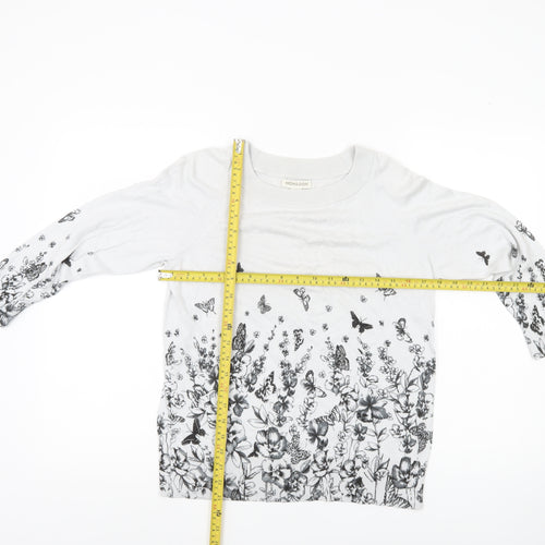 Monsoon Womens White Floral Butterfly Jumper Size 14 Crew Neck 3/4 Sleeve
