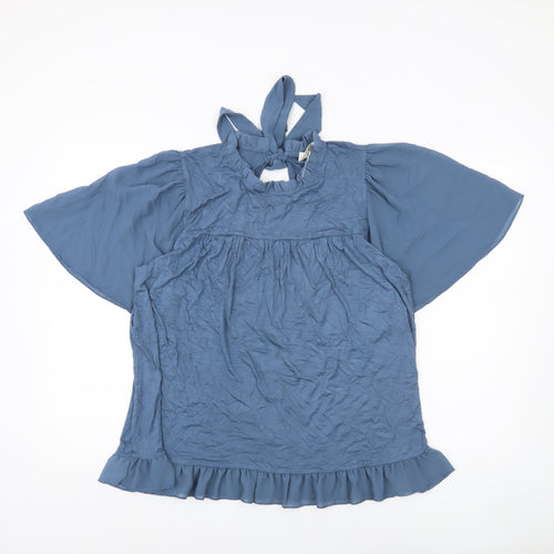 Kim & Carni Womens Blue XL Tunic Blouse Ruffle Tie Neck Flutter Sleeve
