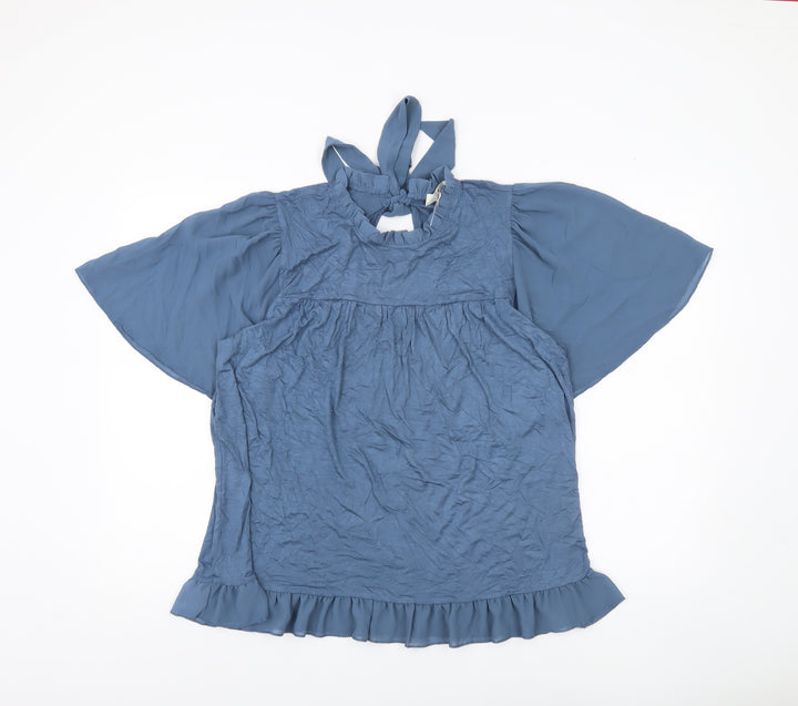 Kim & Carni Womens Blue XL Tunic Blouse Ruffle Tie Neck Flutter Sleeve