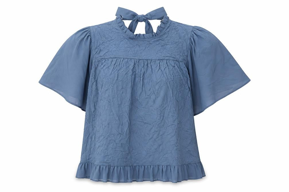 Front view of Kim & Carni women’s blue xl tunic blouse ruffle tie neck flutter sleeve