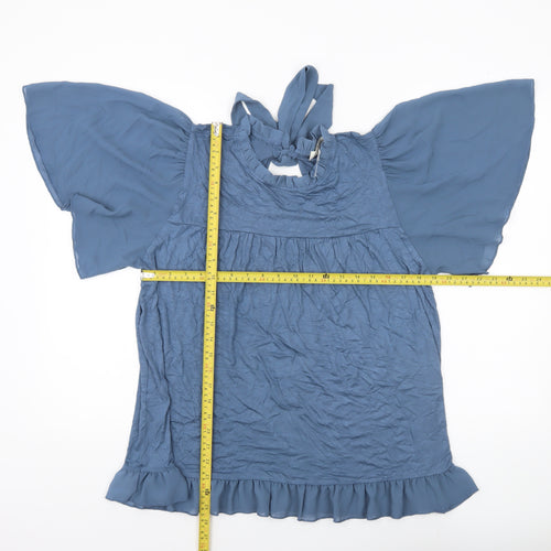 Kim & Carni Womens Blue XL Tunic Blouse Ruffle Tie Neck Flutter Sleeve