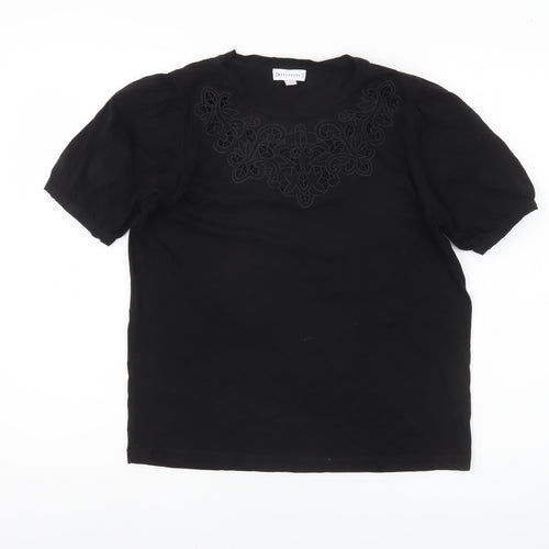 Warehouse Women Black Cotton Embroidered Blouse UK 14 Short Sleeve