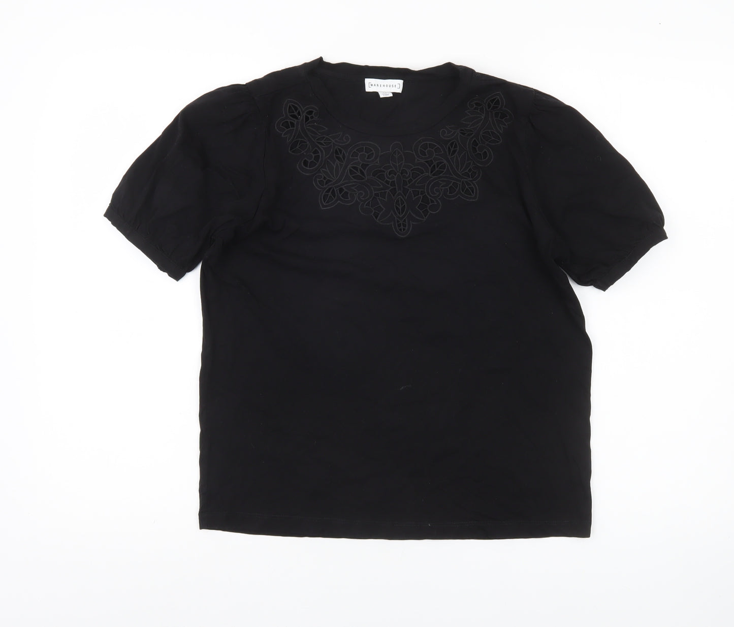 Warehouse Women Black Cotton Embroidered Blouse UK 14 Short Sleeve