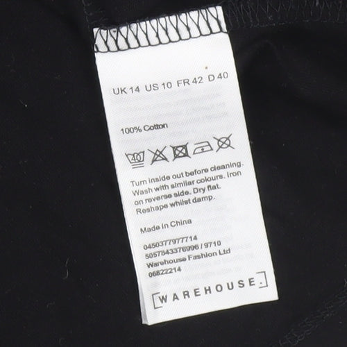 Warehouse Women Black Cotton Embroidered Blouse UK 14 Short Sleeve