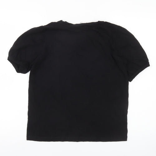 Warehouse Women Black Cotton Embroidered Blouse UK 14 Short Sleeve