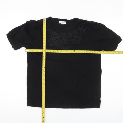 Warehouse Women Black Cotton Embroidered Blouse UK 14 Short Sleeve