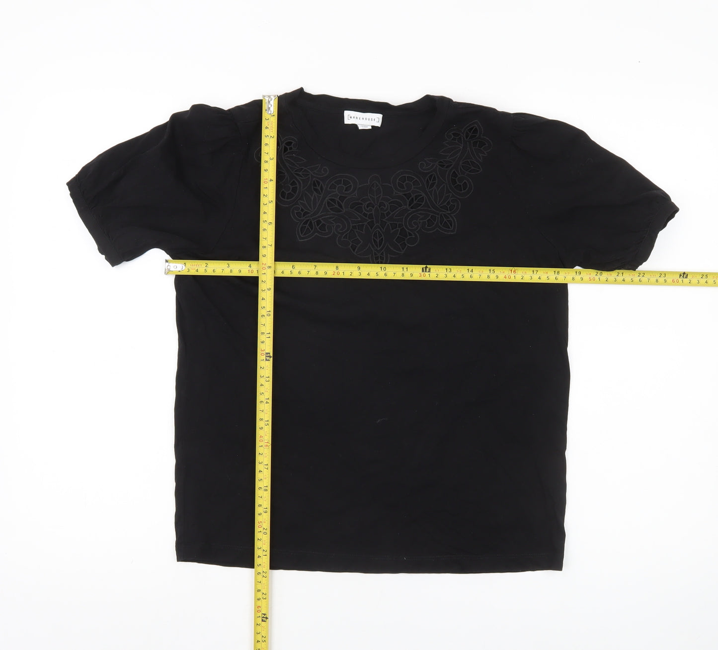 Warehouse Women Black Cotton Embroidered Blouse UK 14 Short Sleeve