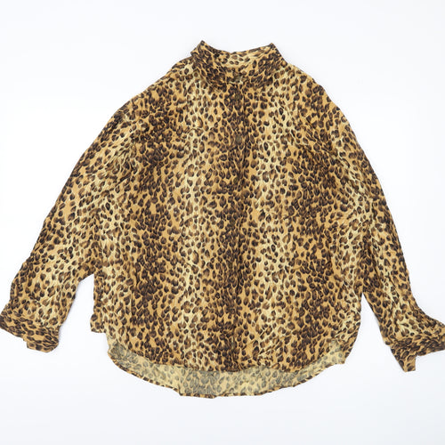 Lizwear Women Brown Animal Print Rayon Tunic Blouse Long Sleeve L