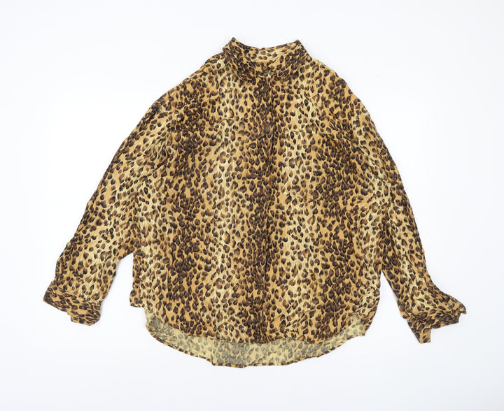 Lizwear Women Brown Animal Print Rayon Tunic Blouse Long Sleeve L