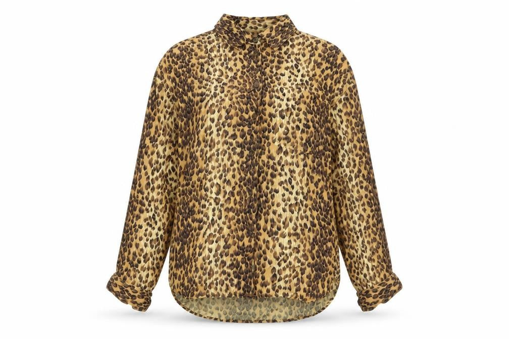 Lizwear Women Brown Animal Print Rayon Tunic Blouse Long Sleeve L