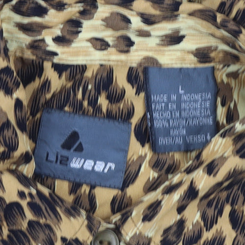 Lizwear Women Brown Animal Print Rayon Tunic Blouse Long Sleeve L
