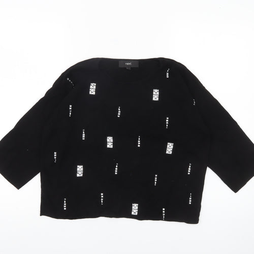 Next Womens Black Sequin Jumper Size 12 Crew Neck 3/4 Sleeve